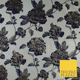 Off White & Navy Blue Floral Textured Brocade Jacquard Fabric 58" 10255