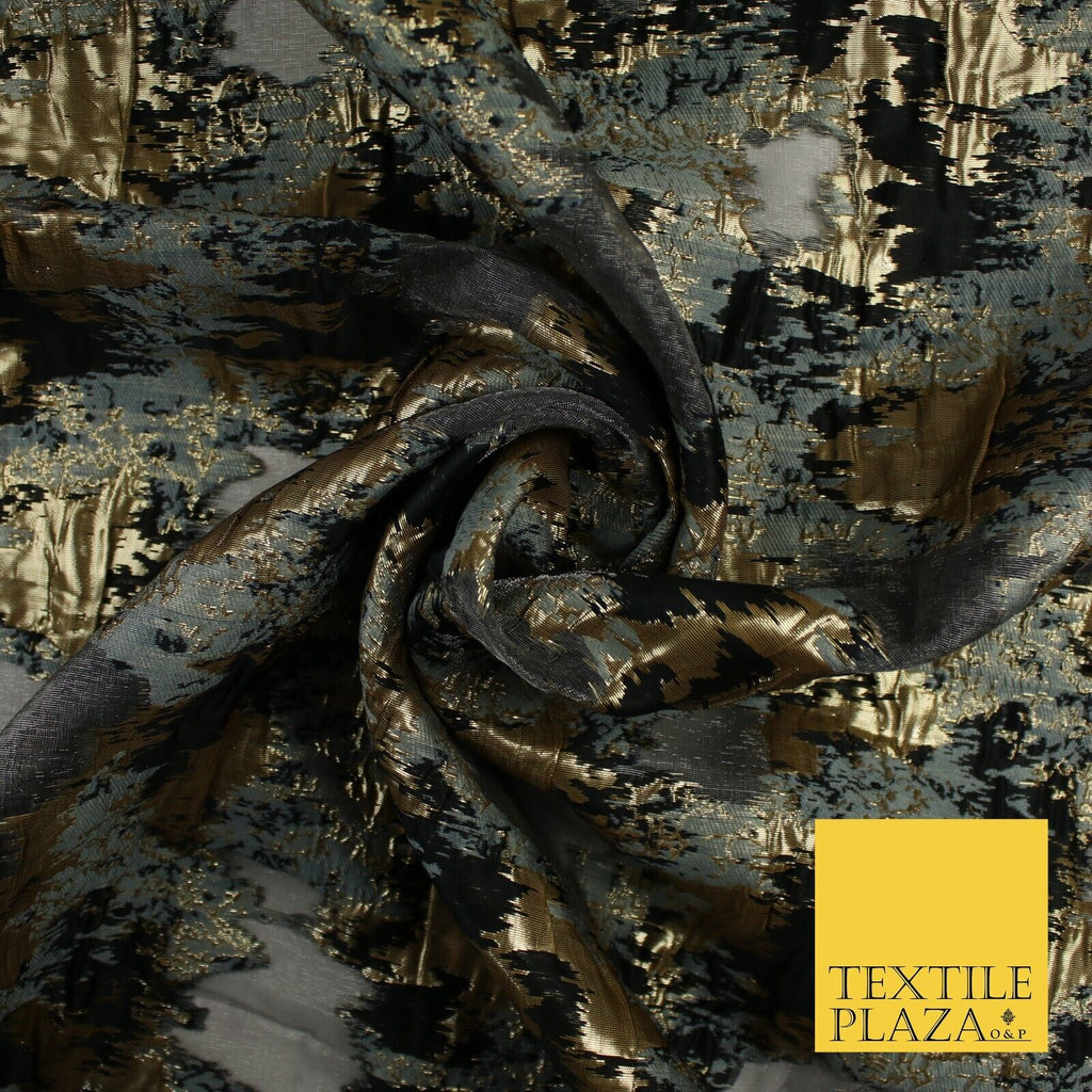 Grey Organza Base with Black & Gold Textured Brocade Jacquard Fabric 58" 10256