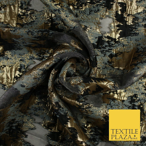 Grey Organza Base with Black & Gold Textured Brocade Jacquard Fabric 58" 10256