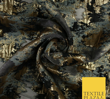 Grey Organza Base with Black & Gold Textured Brocade Jacquard Fabric 58" 10256
