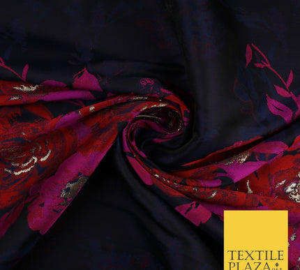 Navy Blue with Magenta & Red Metallic Flowers Brocade Jacquard Fabric 58" 10250