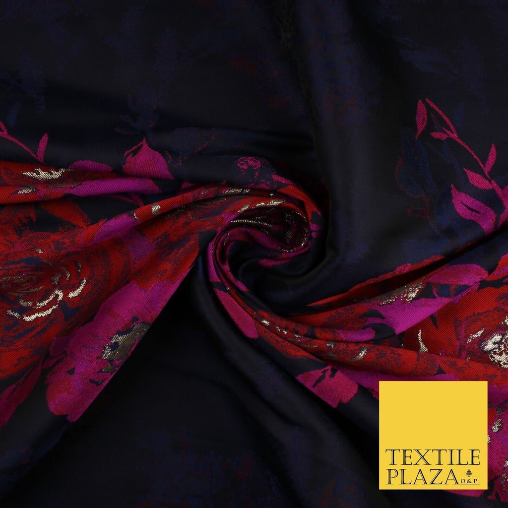 Navy Blue with Magenta & Red Metallic Flowers Brocade Jacquard Fabric 58" 10250