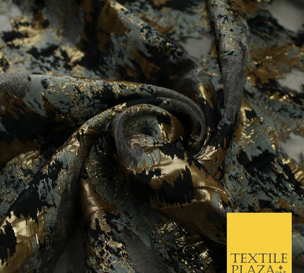 Grey Organza Base with Black & Gold Textured Brocade Jacquard Fabric 58" 10256