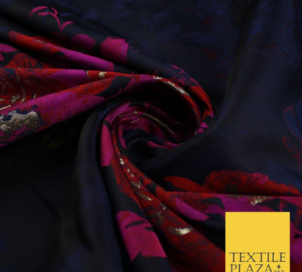 Navy Blue with Magenta & Red Metallic Flowers Brocade Jacquard Fabric 58" 10250