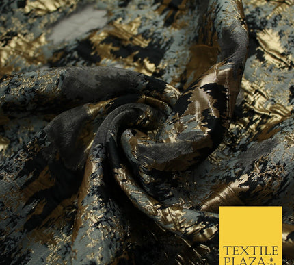 Grey Organza Base with Black & Gold Textured Brocade Jacquard Fabric 58" 10256