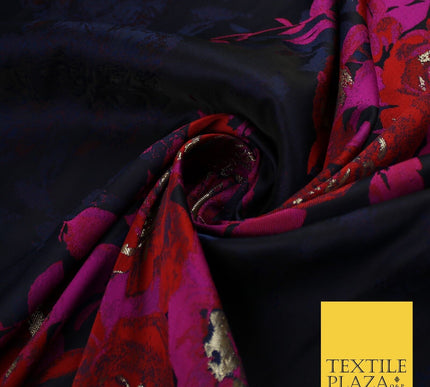 Navy Blue with Magenta & Red Metallic Flowers Brocade Jacquard Fabric 58" 10250