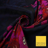 Navy Blue with Magenta & Red Metallic Flowers Brocade Jacquard Fabric 58" 10250