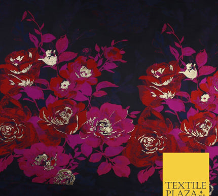 Navy Blue with Magenta & Red Metallic Flowers Brocade Jacquard Fabric 58" 10250