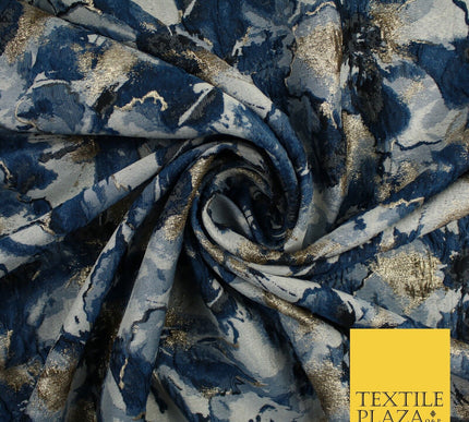 Watercolour Blue & Gold Metallic Floral Textured Brocade Jacquard Fabric58"10258