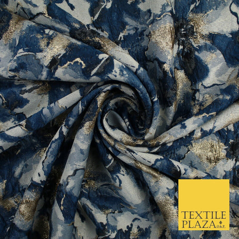 Watercolour Blue & Gold Metallic Floral Textured Brocade Jacquard Fabric58"10258
