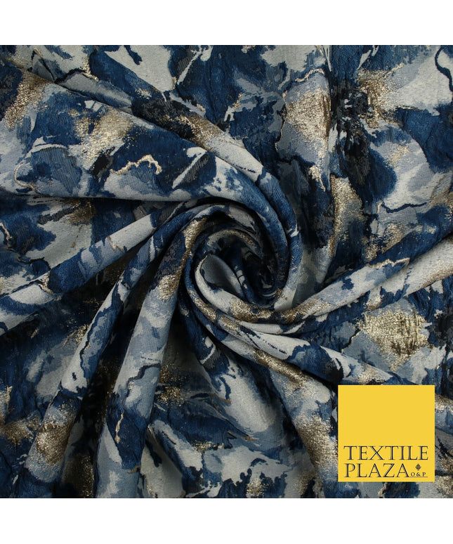 Watercolour Blue & Gold Metallic Floral Textured Brocade Jacquard Fabric58"10258