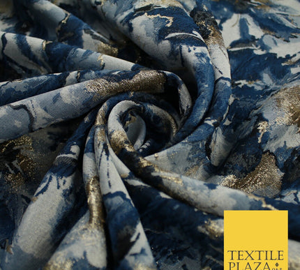 Watercolour Blue & Gold Metallic Floral Textured Brocade Jacquard Fabric58"10258