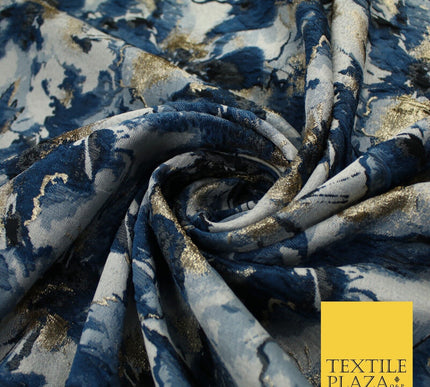 Watercolour Blue & Gold Metallic Floral Textured Brocade Jacquard Fabric58"10258