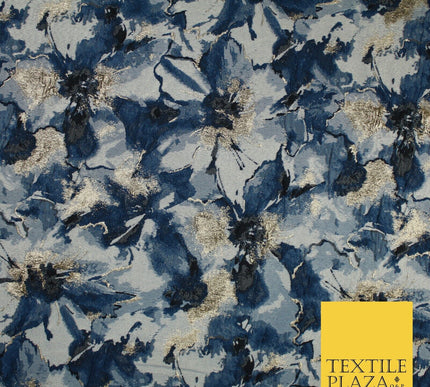 Watercolour Blue & Gold Metallic Floral Textured Brocade Jacquard Fabric58"10258