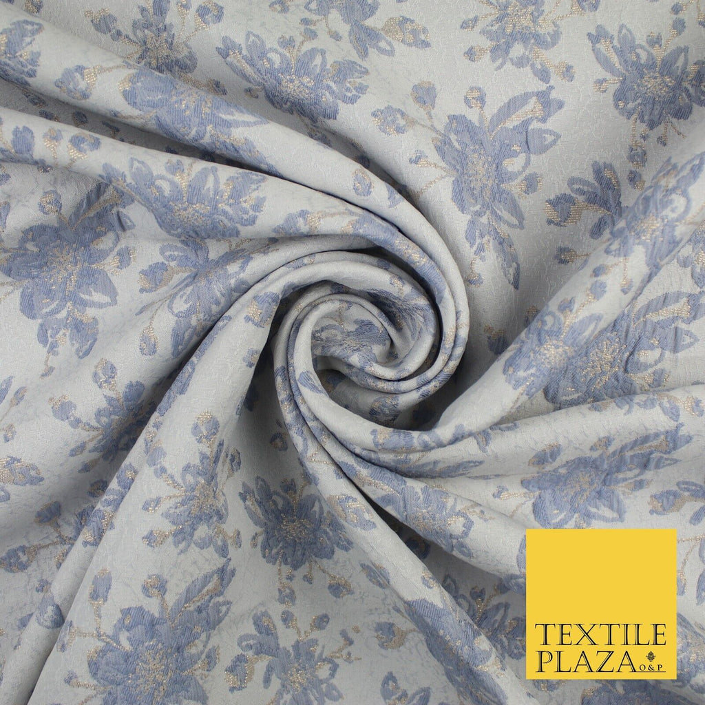 Ice Blue & Denim Blue Gold Metallic Textured Brocade Jacquard Fabric 58" 10252
