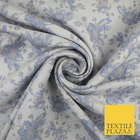 Ice Blue & Denim Blue Gold Metallic Textured Brocade Jacquard Fabric 58" 10252