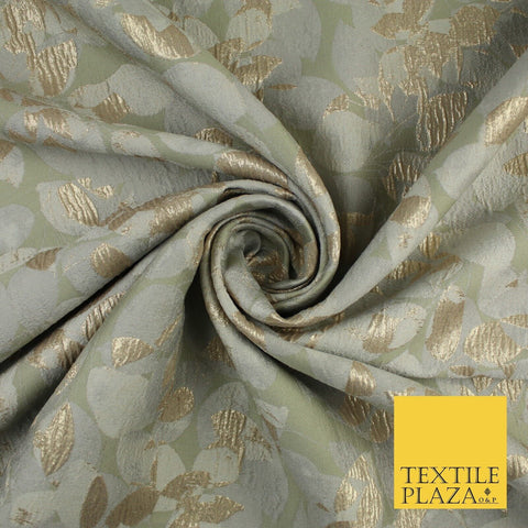 Sage Green Base with Grey & Metallic Gold Leaf Brocade Jacquard Fabric 58" 10248