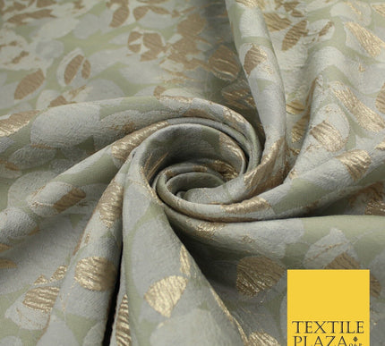 Sage Green Base with Grey & Metallic Gold Leaf Brocade Jacquard Fabric 58" 10248
