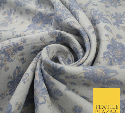 Ice Blue & Denim Blue Gold Metallic Textured Brocade Jacquard Fabric 58" 10252