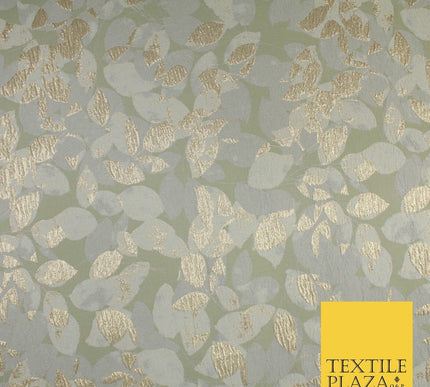 Sage Green Base with Grey & Metallic Gold Leaf Brocade Jacquard Fabric 58" 10248