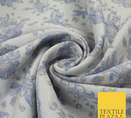 Ice Blue & Denim Blue Gold Metallic Textured Brocade Jacquard Fabric 58" 10252