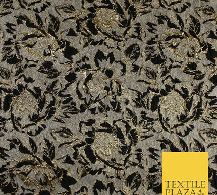 Grey with Black & Metallic Gold Floral Textured Brocade Jacquard Fabric58" 10257