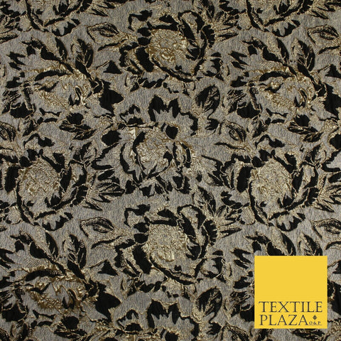 Grey with Black & Metallic Gold Floral Textured Brocade Jacquard Fabric58" 10257