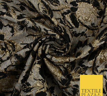 Grey with Black & Metallic Gold Floral Textured Brocade Jacquard Fabric58" 10257