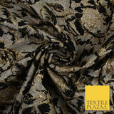 Grey with Black & Metallic Gold Floral Textured Brocade Jacquard Fabric58" 10257