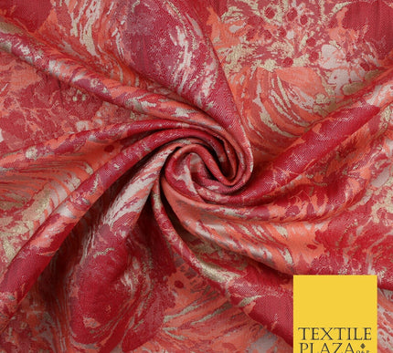 Peach with Raspberry Metallic Flower Textured Brocade Jacquard Fabric 58" 10247