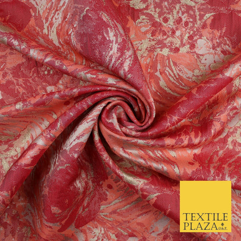 Peach with Raspberry Metallic Flower Textured Brocade Jacquard Fabric 58" 10247
