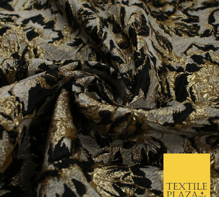 Grey with Black & Metallic Gold Floral Textured Brocade Jacquard Fabric58" 10257