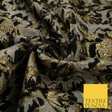 Grey with Black & Metallic Gold Floral Textured Brocade Jacquard Fabric58" 10257