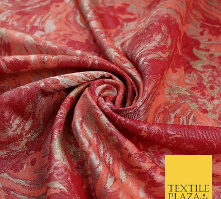 Peach with Raspberry Metallic Flower Textured Brocade Jacquard Fabric 58" 10247