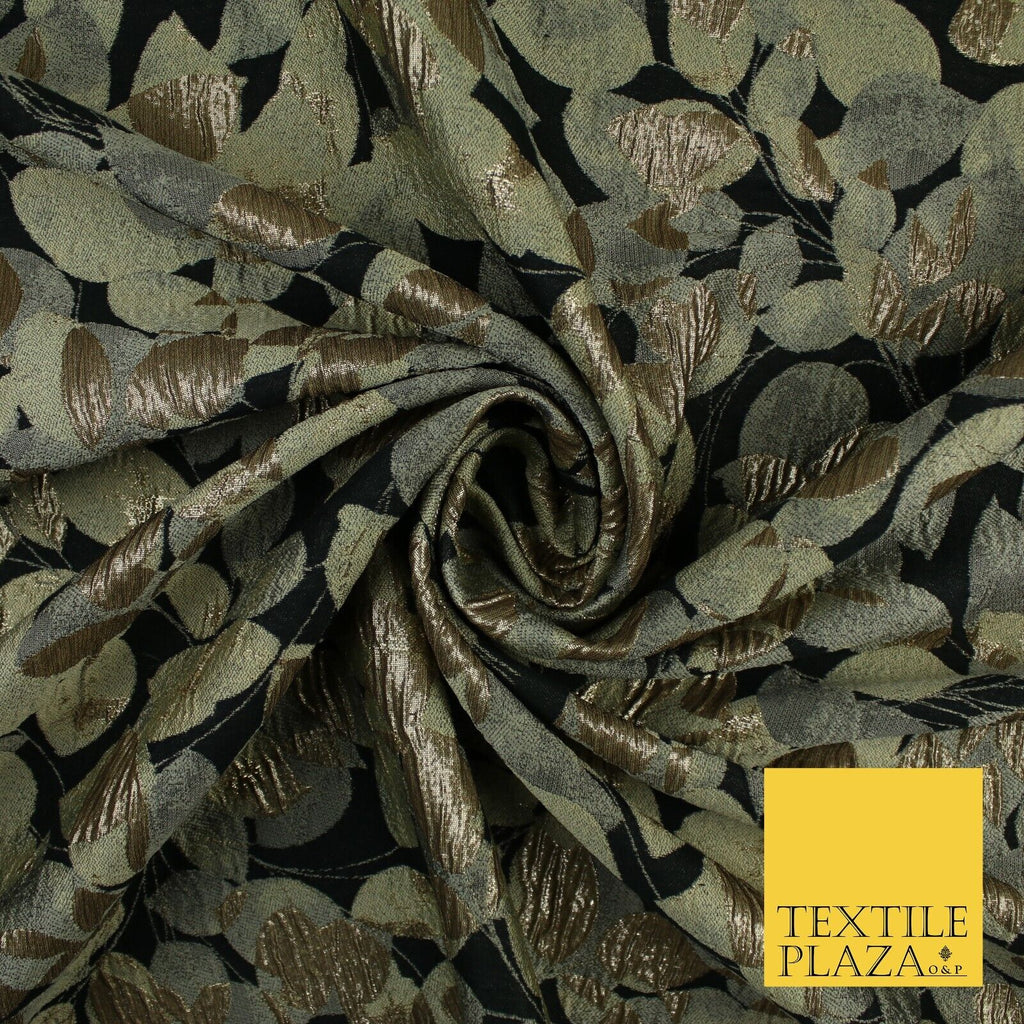 Black Base with Sage Green Metallic Textured Brocade Jacquard Fabric 58" 10244