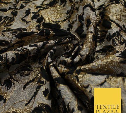 Grey with Black & Metallic Gold Floral Textured Brocade Jacquard Fabric58" 10257