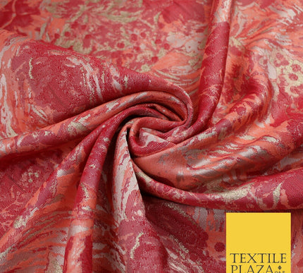 Peach with Raspberry Metallic Flower Textured Brocade Jacquard Fabric 58" 10247