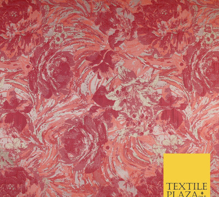 Peach with Raspberry Metallic Flower Textured Brocade Jacquard Fabric 58" 10247