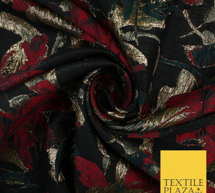 Black Base Red Green Metallic Flower Textured Brocade Jacquard Fabric 58" 10240