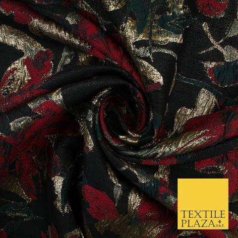 Black Base Red Green Metallic Flower Textured Brocade Jacquard Fabric 58" 10240