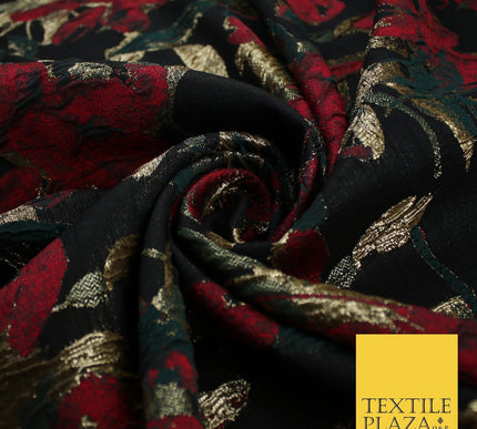 Black Base Red Green Metallic Flower Textured Brocade Jacquard Fabric 58" 10240