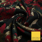 Black Base Red Green Metallic Flower Textured Brocade Jacquard Fabric 58" 10240