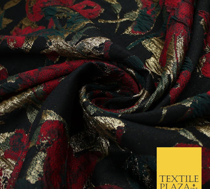 Black Base Red Green Metallic Flower Textured Brocade Jacquard Fabric 58" 10240