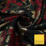 Black Base Red Green Metallic Flower Textured Brocade Jacquard Fabric 58" 10240