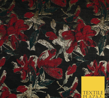 Black Base Red Green Metallic Flower Textured Brocade Jacquard Fabric 58" 10240