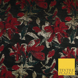 Black Base Red Green Metallic Flower Textured Brocade Jacquard Fabric 58" 10240