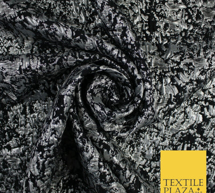 Black with Silver Metallic Brushstroke Textured Brocade Jacquard Fabric58" 10246