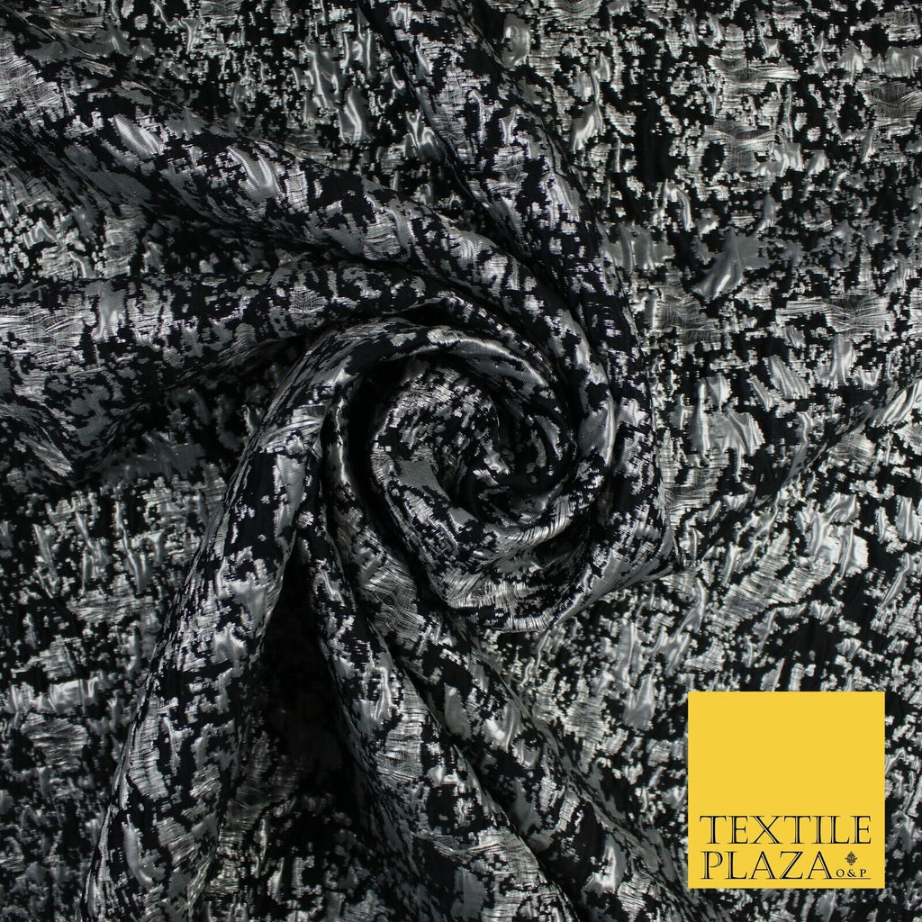 Black with Silver Metallic Brushstroke Textured Brocade Jacquard Fabric58" 10246