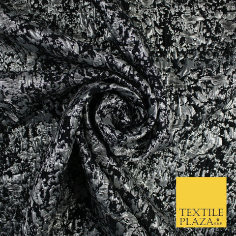 Black with Silver Metallic Brushstroke Textured Brocade Jacquard Fabric58" 10246