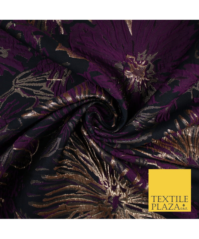 Jet Navy & Purple Metallic Wild Flower Textured Brocade Jacquard Fabric 58"10241